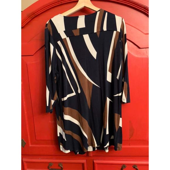 Travelers by Chico's Sze 2  L 12 Long Asymmetric Brown Black Cardigan Dressy EUC - Picture 2 of 4